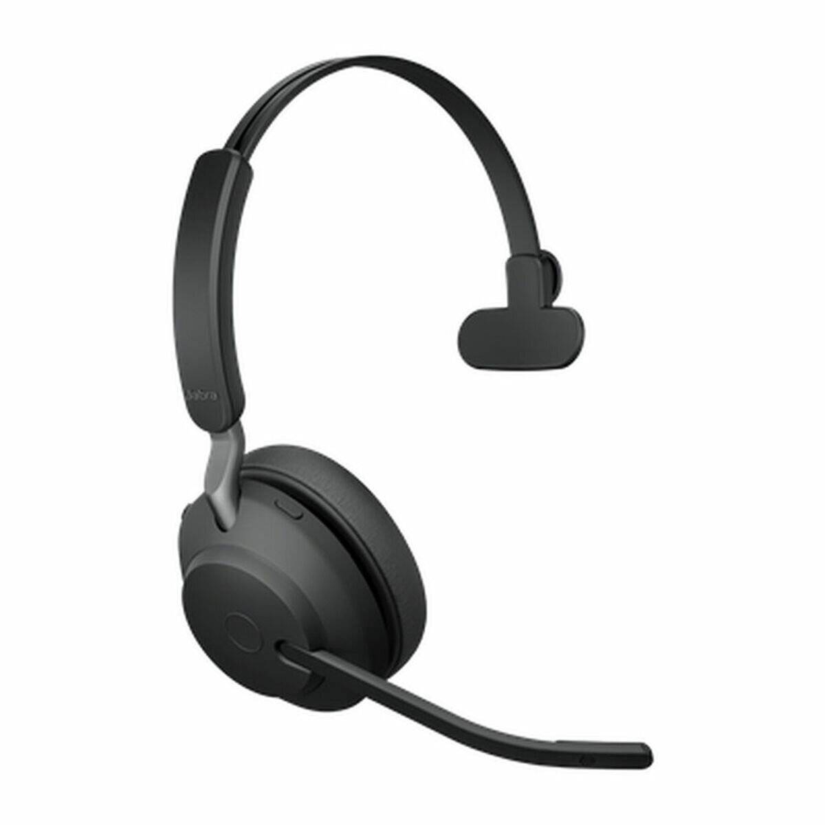 Ein schwarzes drahtloses Headset mit ausgefahrenem Mikrofonarm, ausgestattet mit einem gepolsterten Hörer und einem verstellbaren Kopfbügel.