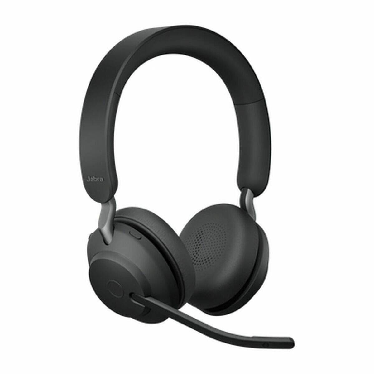 Schwarzes drahtloses Over-Ear-Headset mit angebrachtem Mikrofon, entwickelt für hochwertige Audioübertragung und Komfort.