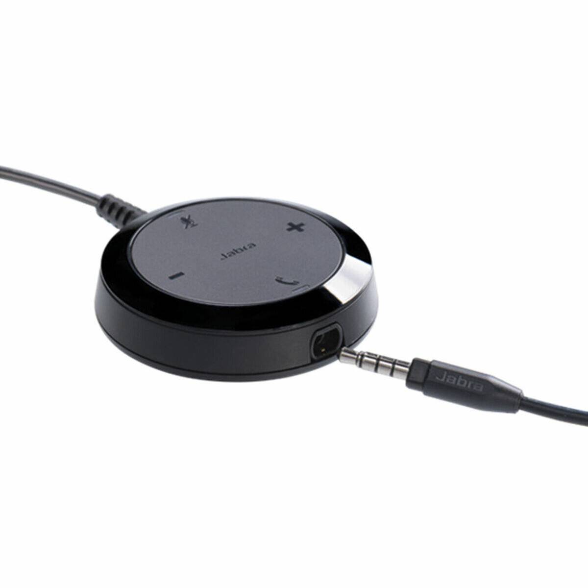 Ein schwarzer, kreisförmiger Bluetooth-Audio-Adapter mit Lautstärkeregelungstasten, der mit einem Kabel verbunden ist und wahrscheinlich für drahtlose Audioverbindungen verwendet wird.