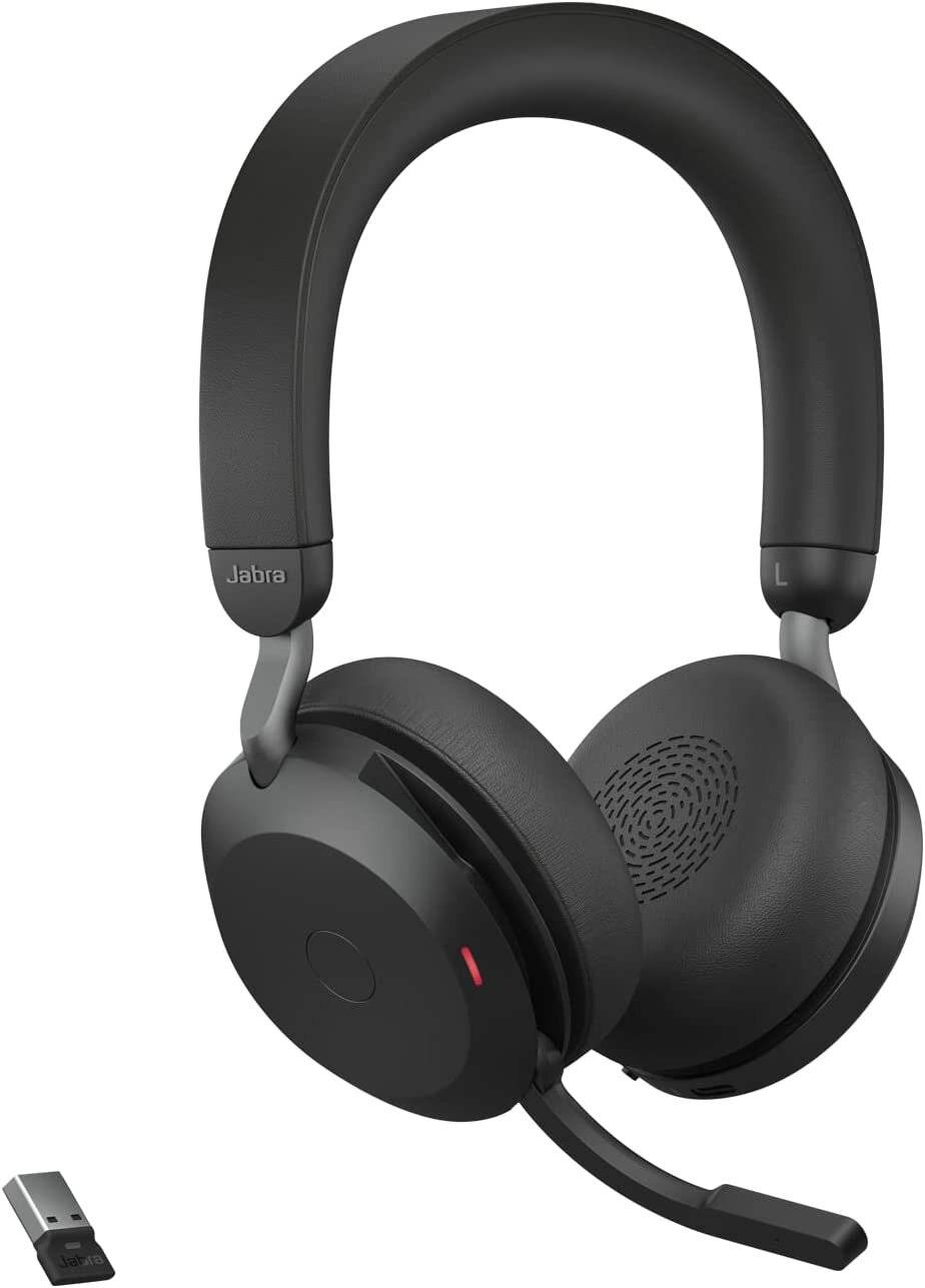 Schwarze drahtlose Jabra-Kopfhörer mit gepolsterten Ohrmuscheln, verstellbarem Kopfbügel und Bedienungstasten auf der rechten Ohrmuschel.