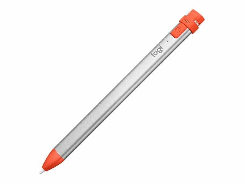Ein Stylus mit einem silbernen Körper und orangefarbener Spitze, der eine Nahaufnahme mit dem Markenlogo an der Seite zeigt.