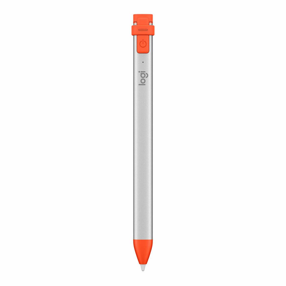 Ein silberner Stylus-Stift mit orangefarbener Spitze und Oberseiten-Taste wird vertikal dargestellt. Der Markenname ist seitlich sichtbar.