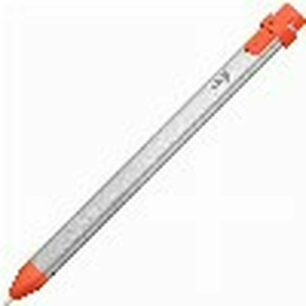 Orange und silberner Druckbleistift mit Klickmechanismus, diagonal auf weißem Hintergrund angewinkelt.