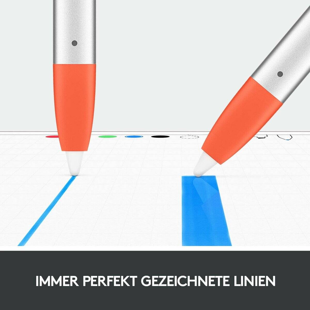Zwei digitale Stylpen zeichnen präzise blaue Linien auf einem Bildschirm. Der Text unten liest sich: 'Immer perfekt gezeichnete Linien,' was bedeutet 'Immer perfekt gezeichnete Linien.