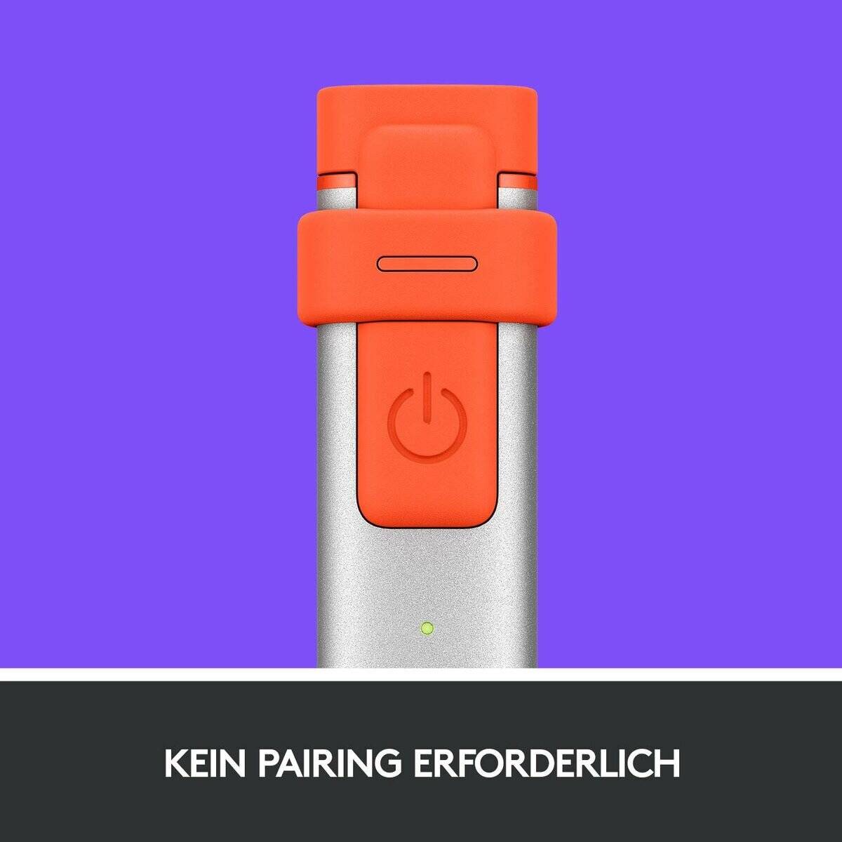 Nahaufnahme eines orange und metallic-grauen Geräts mit einem Powerknopf, vor einem lila Hintergrund. Text darunter liest: 'KEIN PAIRING ERFORDERLICH.