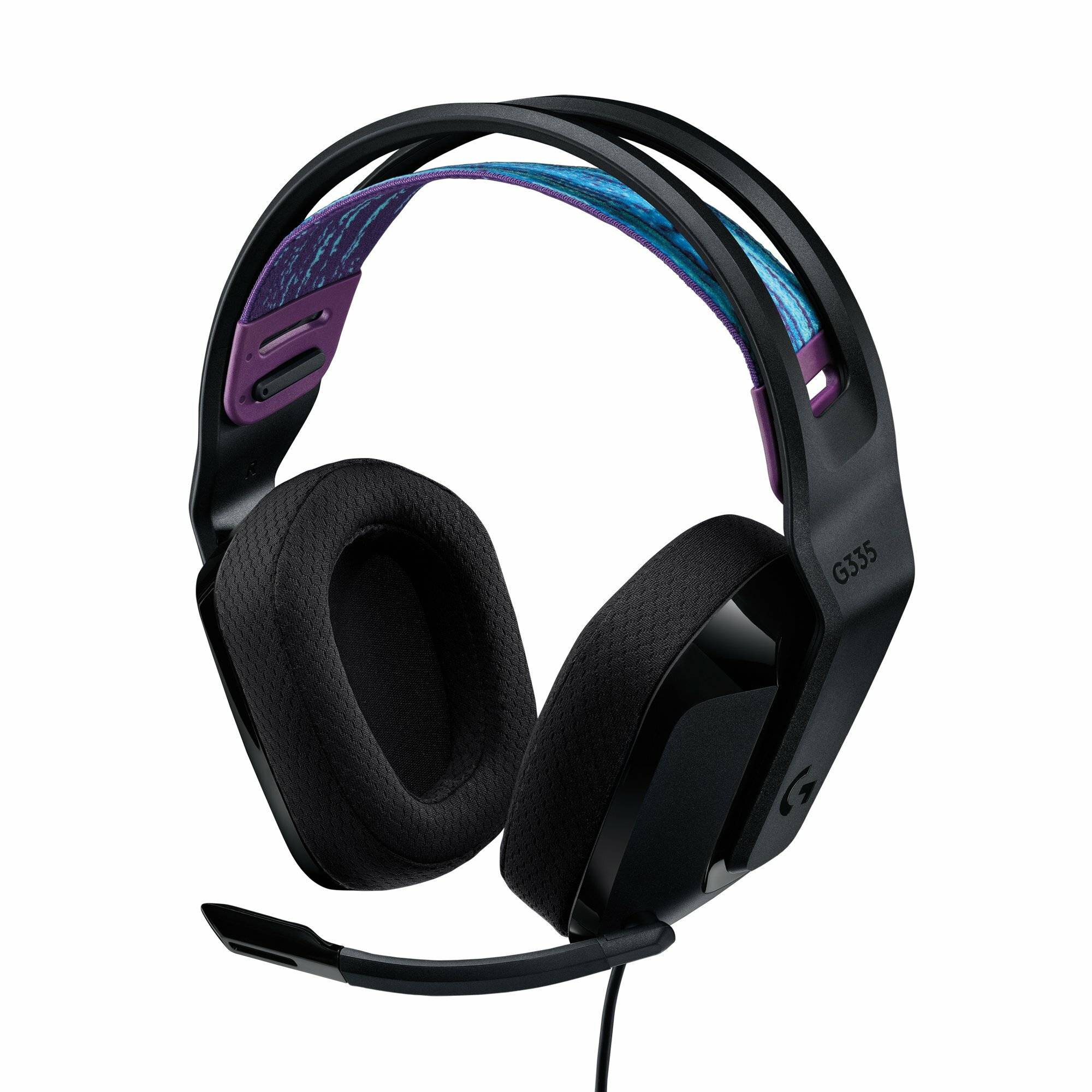 Ein schwarzes Gaming-Headset mit gepolsterten Ohrpolstern und einem flexiblen Mikrofon. Das Innenband der Kopfhörer weist ein lila-blaues Design auf.