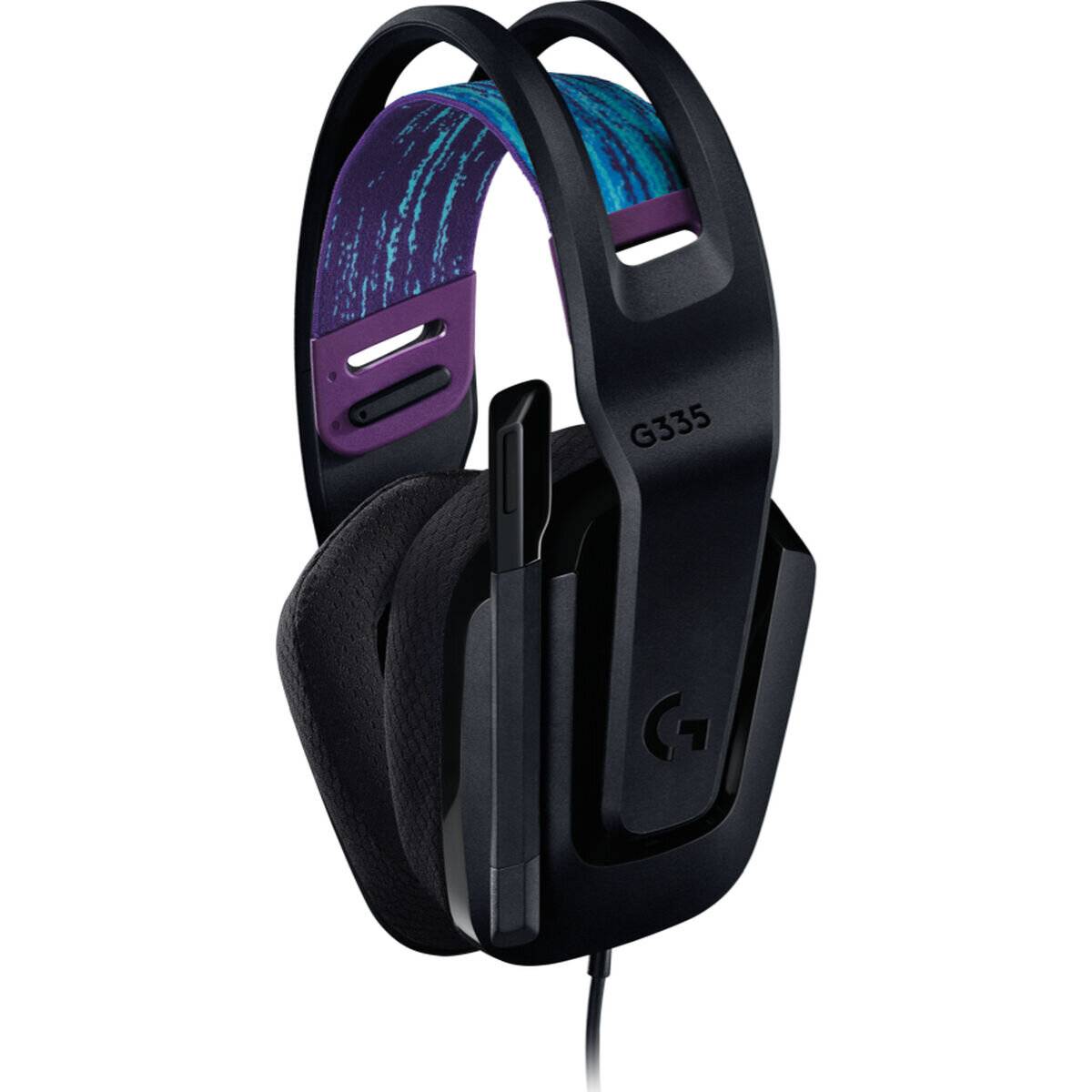 Schwarzer und lila Gaming-Headset mit Over-Ear-Design und angebrachtem Mikrofon, Modell 'G335'.