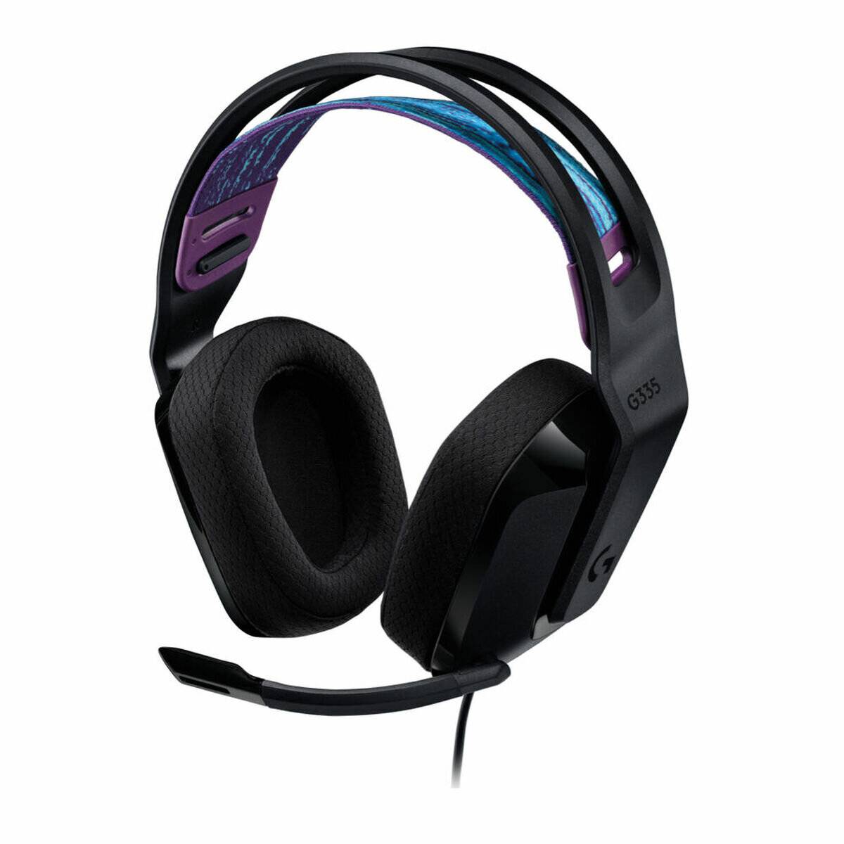 Ein schwarzes Gaming-Headset mit gepolsterten Ohrmuscheln, verstellbarem Kopfbügel und angebrachtem Mikrofon, das für Komfort und immersiven Audiogenuss konzipiert ist.