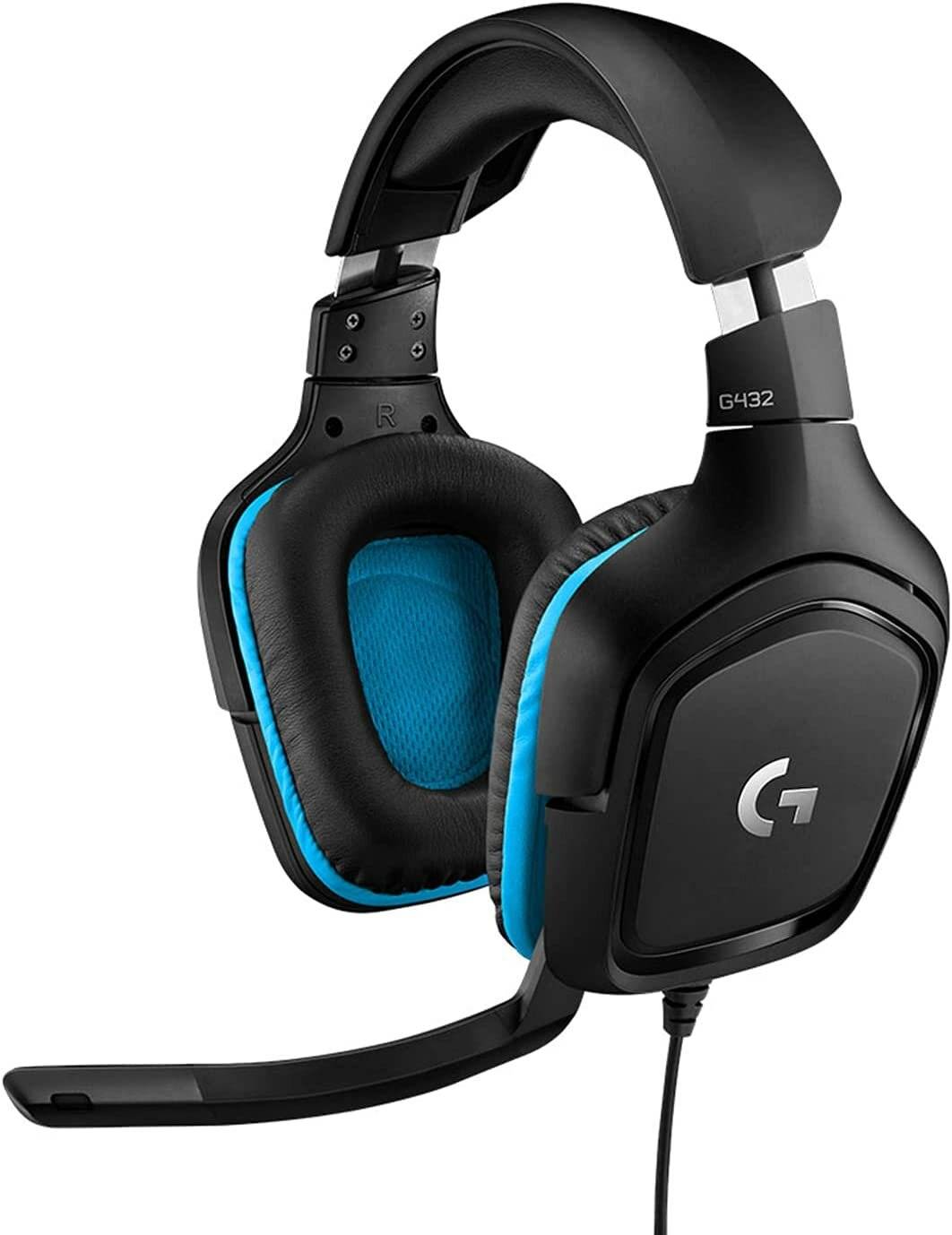 Schwarzer und blauer Over-Ear-Gaming-Headset mit Mikrofon, auf dessen Ohrmuschel der Buchstabe 'G' als Markenlogo angebracht ist.