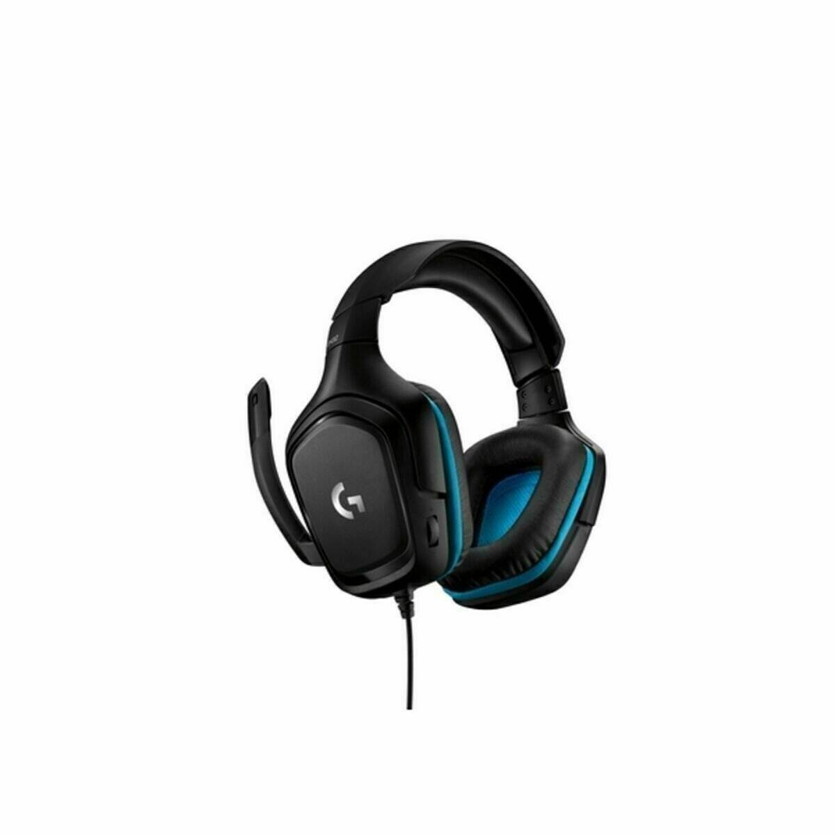 Ein schwarzes und blaues Gaming-Headset mit angebrachtem Mikrofon, auf dem eine 'G' Logo an der Seite zu sehen ist, vor einem weißen Hintergrund.