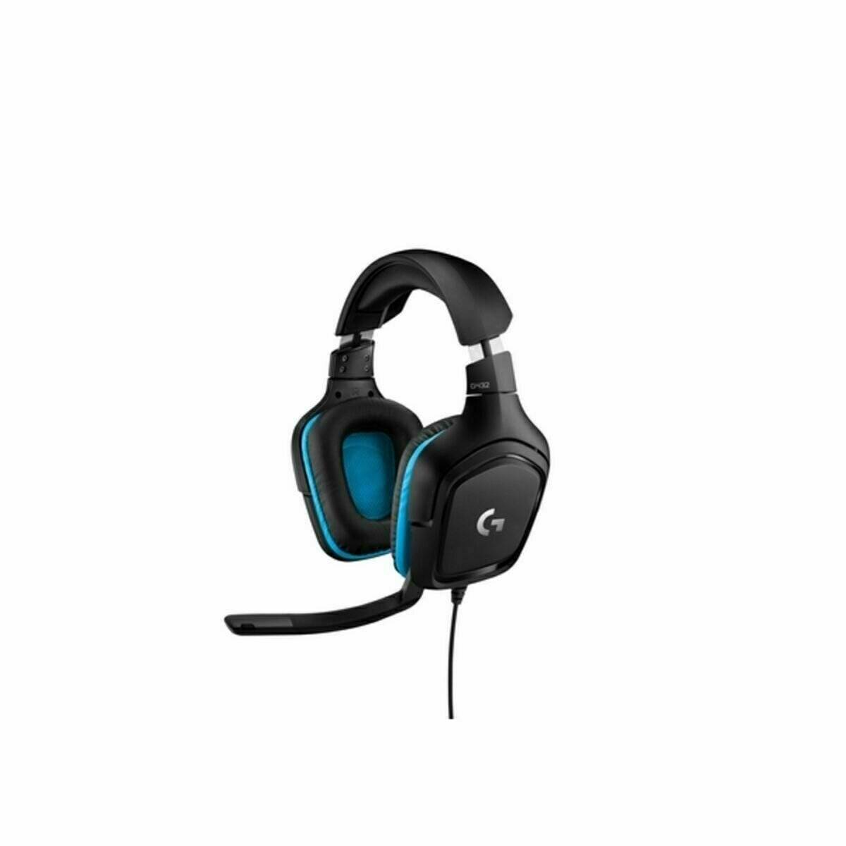 Ein Paar schwarze und blaue Over-Ear-Gaming-Kopfhörer mit angebrachtem Mikrofon, versehen mit dem 'G'-Logo an der Seite.