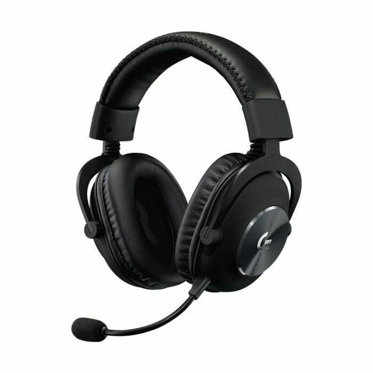 Ein schwarzes Gaming-Headset mit angebrachtem Mikrofon, ausgestattet mit gepolsterten Ohrmuscheln und einem flexiblen Kopfbügel, entwickelt für komfortable Gaming-Sessions.