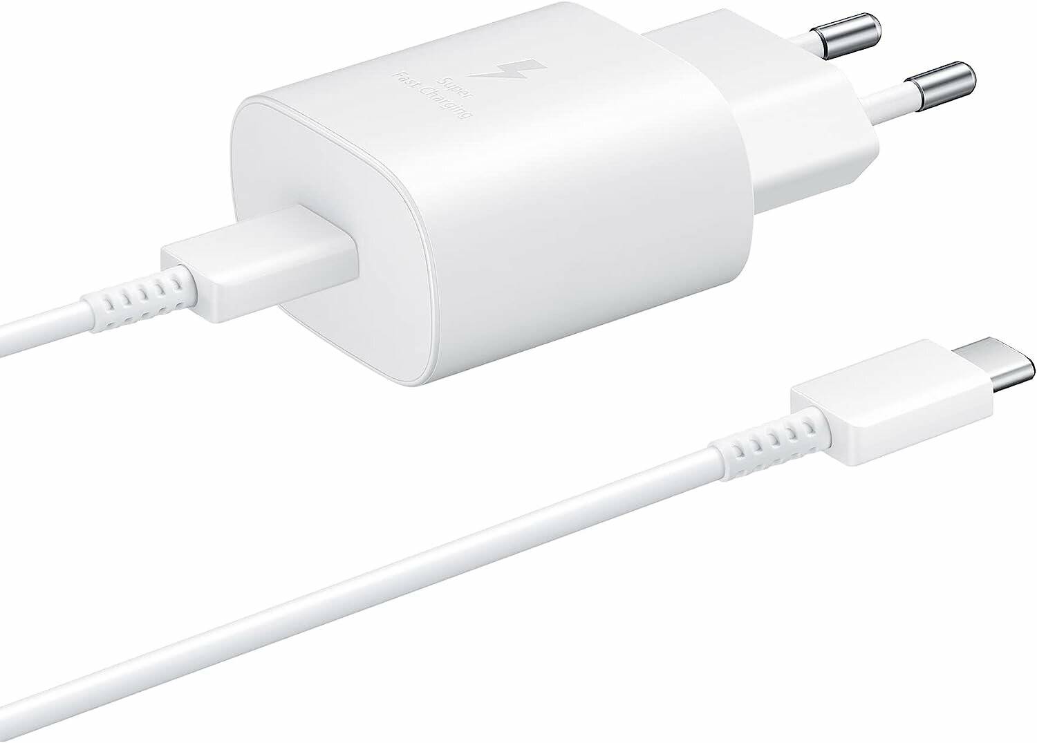 Weißer Smartphone-Ladegerät mit einem USB-C-Kabel und Schnellladefunktion.