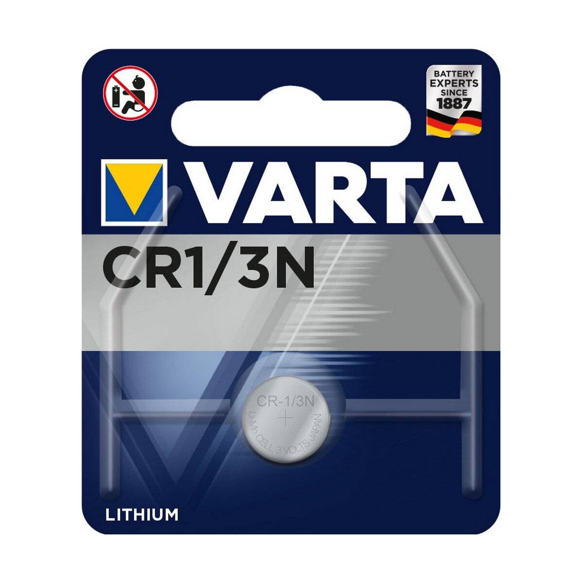 VARTA CR1/3N Lithium-Batterie-Verpackung mit Produktname, 'Batterie-Experten seit 1887', ohne Symbole für besondere Handhabungshinweise.
