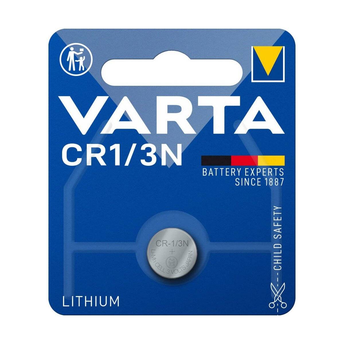 VARTA CR1/3N Lithium-Batterie Verpackung. Enthält Batterie, Kindersicherheitswarnung und Etiketten: Batterieexperten seit 1887.