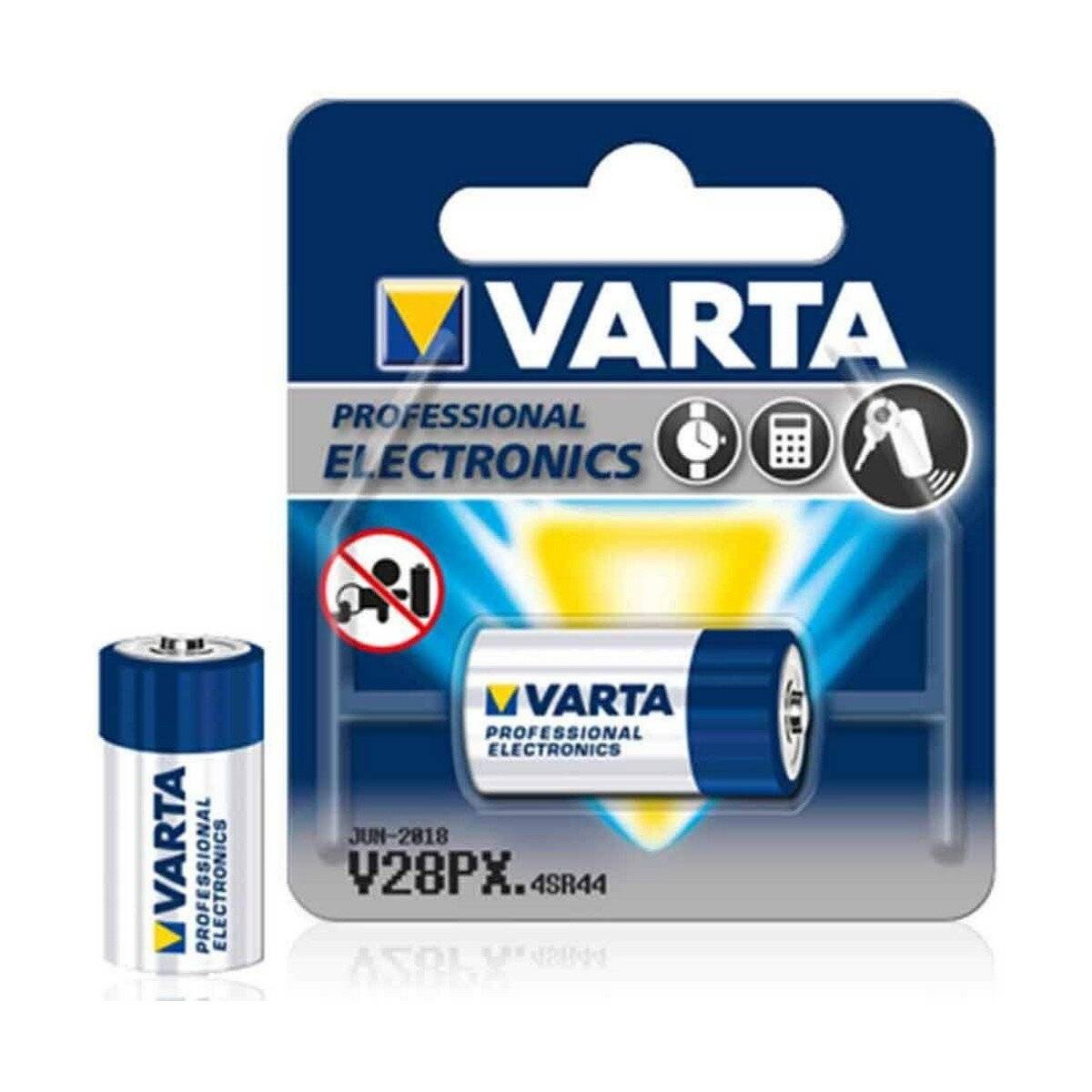 Varta Professional Electronics Batterie-Pack mit Batterieabbild und Symbolen, die die Anwendung für Autoschlüssel, Kameras und andere elektronische Geräte veranschaulichen.