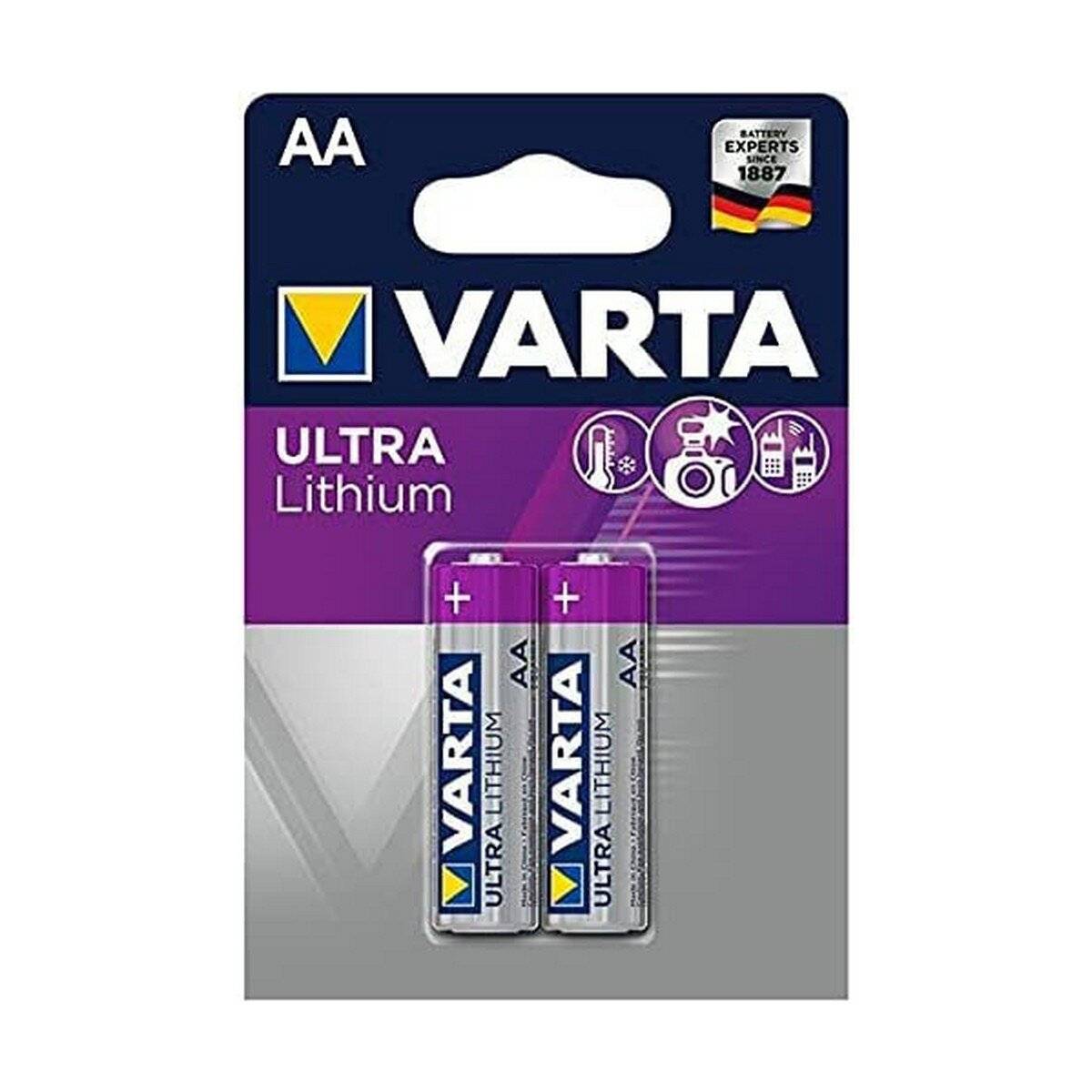 Varta Ultra Lithium AA-Batterien, 2er-Pack, mit Symbolen für Kamera, Spielzeug und Musikabspielgerät. Etikett liest: „Batterie-Experten seit 1887.