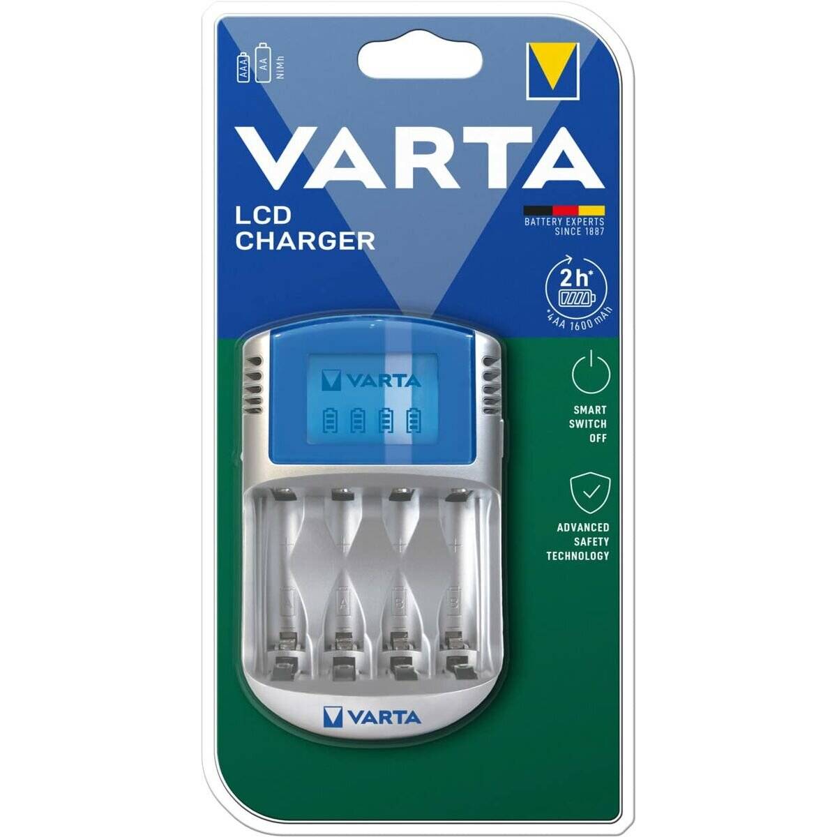 VARTA LCD-Ladegerät-Verpackung mit einem blau-weißen Batterieladegerät für AA- und AAA-Batterien mit den Funktionen 'Smart Abschaltung' und 'Fortschrittliche Sicherheitstechnologie'.
