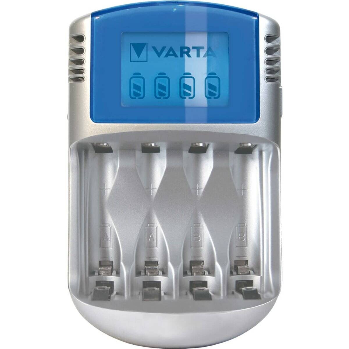 Ein silberner und blauer Ladegerät mit dem Schriftzug 'Varta' im oberen Bereich und vier Steckplätzen zum Aufladen von AA- oder AAA-Batterien.