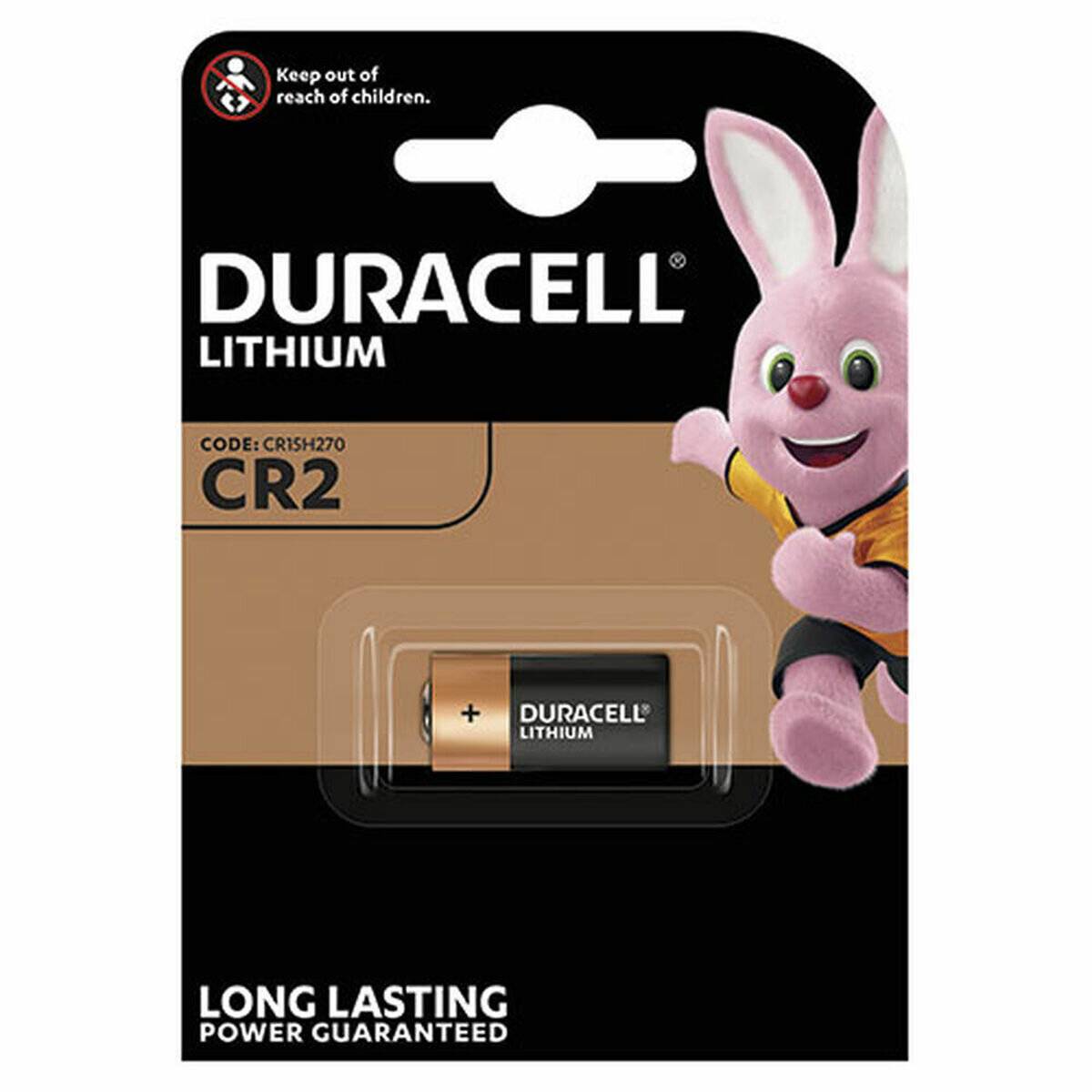 Packung mit Duracell Lithium CR2 Batterie mit einem pinken Hasen als Maskottchen. Etikett besagt 