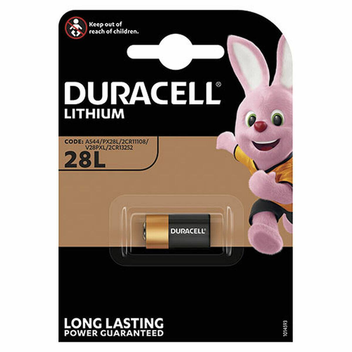 Duracell Lithium 28L Batterie mit einem pinken Hasen als Maskottchen. Text lautet: 