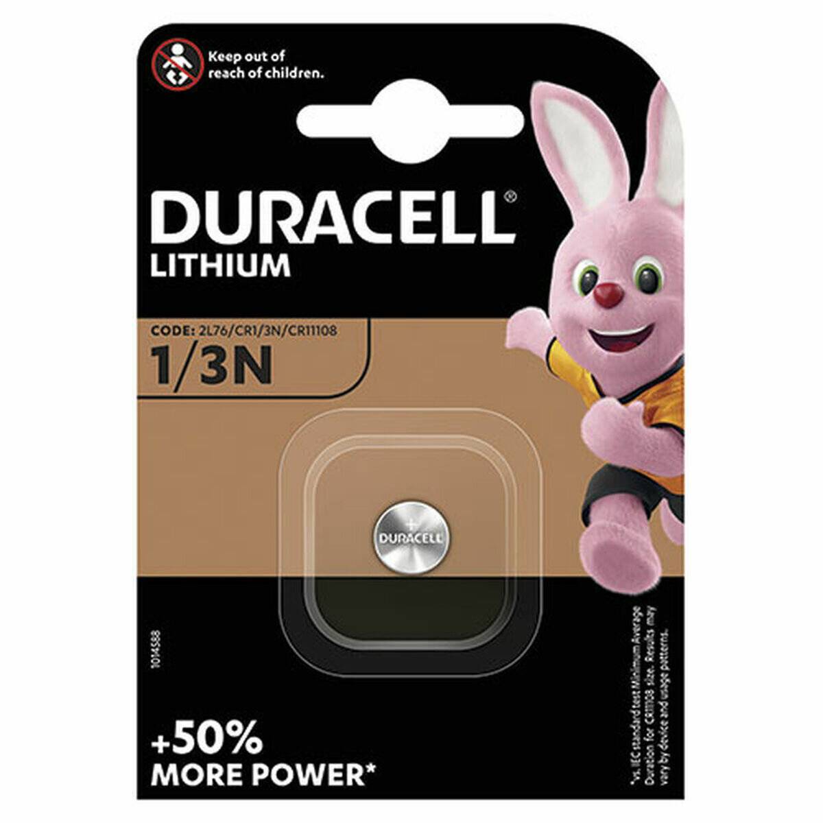 Verpackung einer DURACELL LITHIUM 1/3N Batterie mit einem rosa Hasen. Text lautet 
