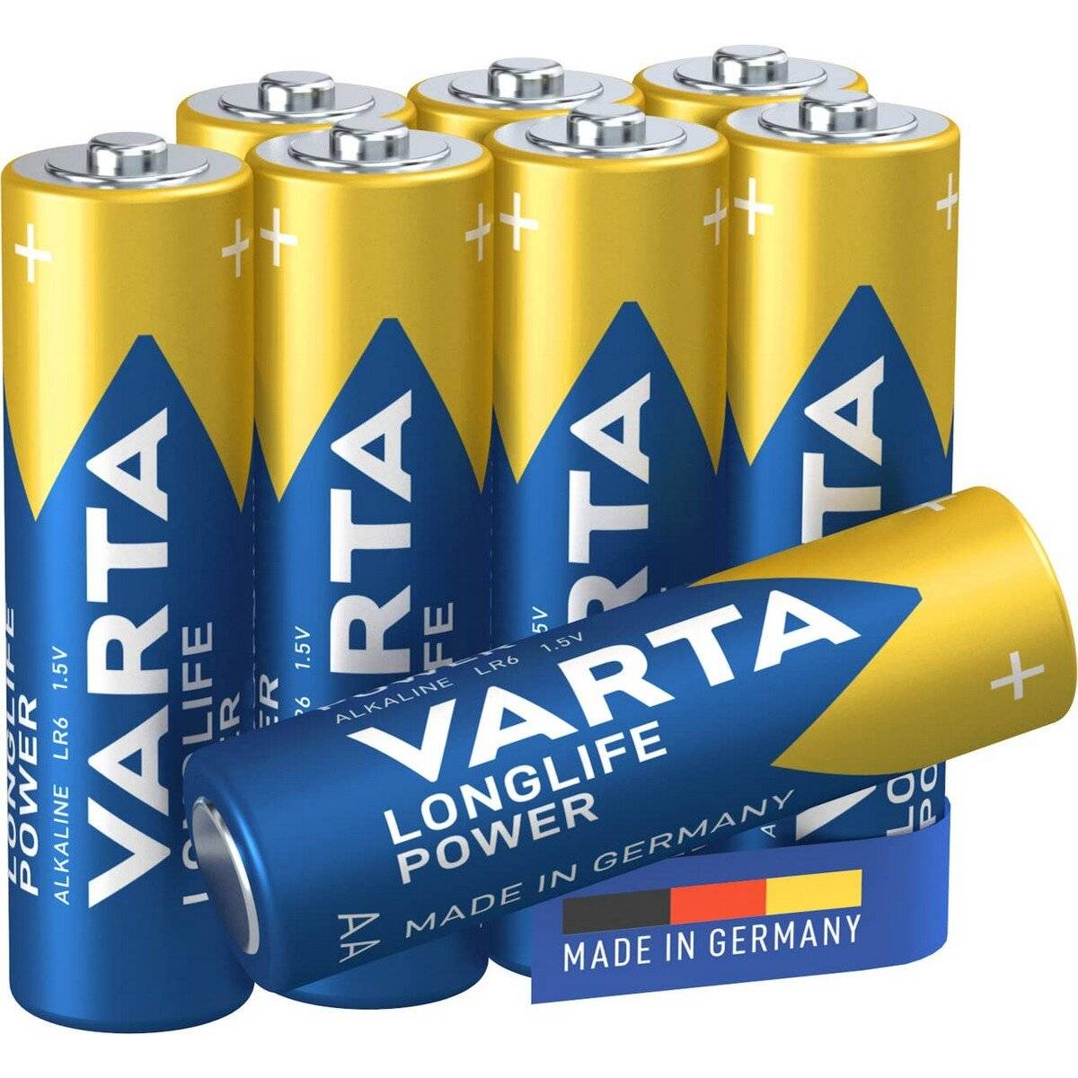 Acht Varta Longlife AA-Batterien in blau-gelber Verpackung, mit der Aufschrift 