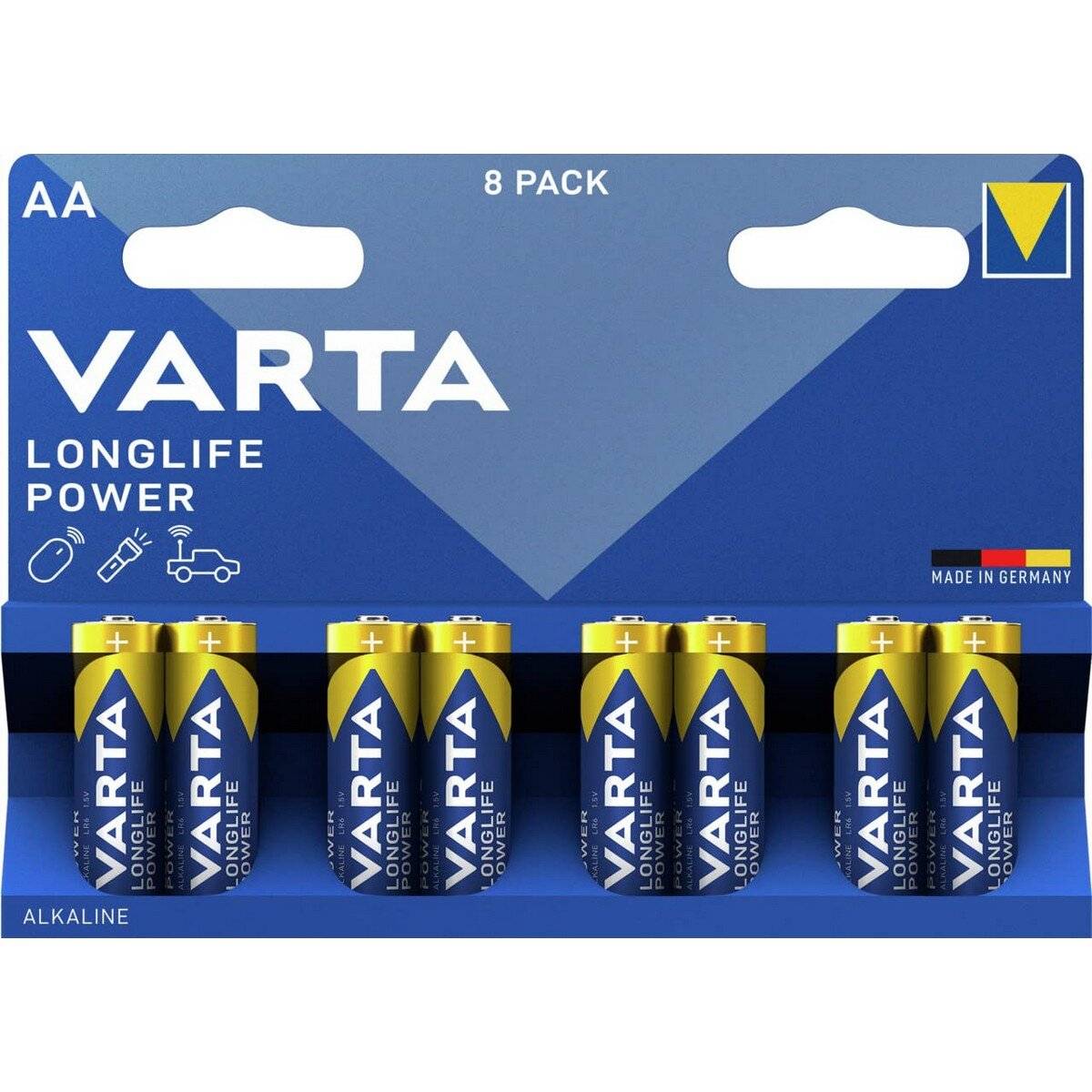 VARTA Longlife Power AA 8er-Pack' Alkaline-Batterien. Verpackung zeigt acht Batterien, 'Made in Germany'.