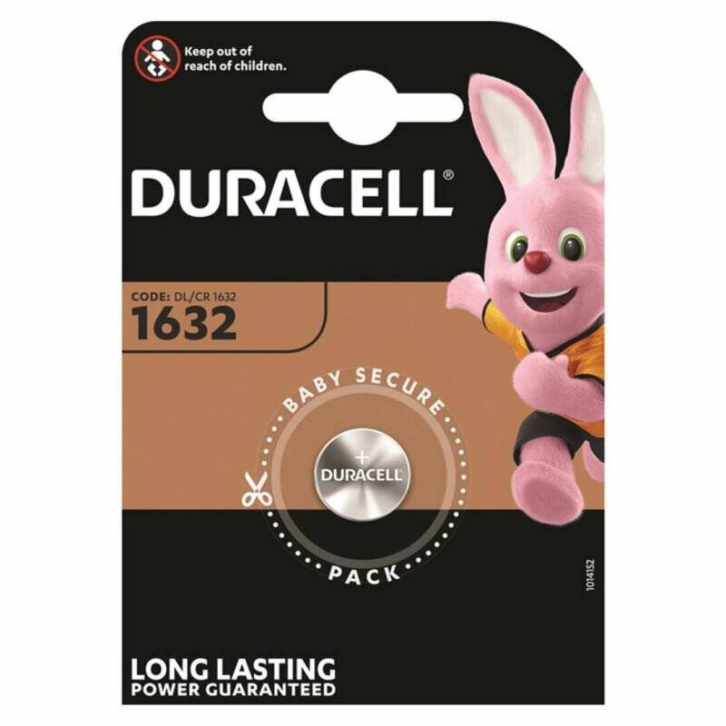 Duracell 1632 Batterie auf Blisterpackung, mit pink-farbenem Hasen-Maskottchen. Text: Baby Secure Pack, Langanhaltende Leistung garantiert.