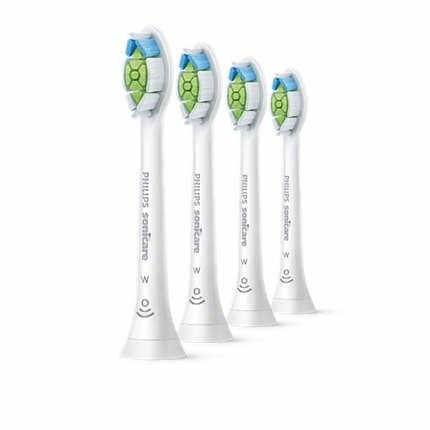 Vier Philips Sonicare Ersatz-Zahnbürstenköpfe mit grünen und blauen Borsten, entwickelt zur Plaqueentfernung und Zahnfleischgesundheit.