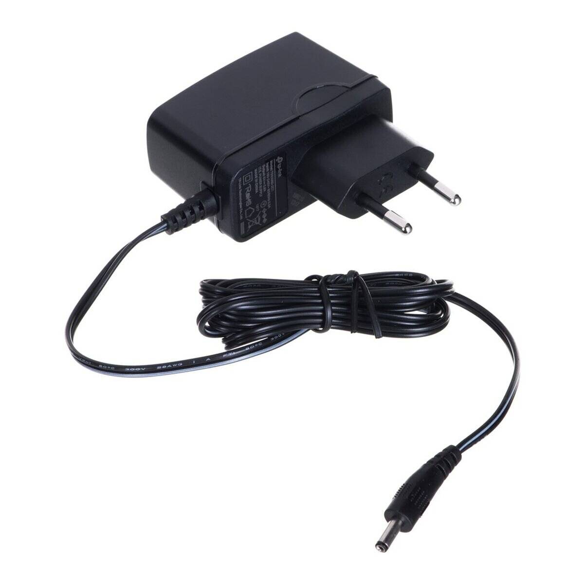 Ein schwarzer Netzteil mit europäischem Stecker und langem angeschlossenem Kabel, geeignet für die Verwendung mit verschiedenen elektronischen Geräten.