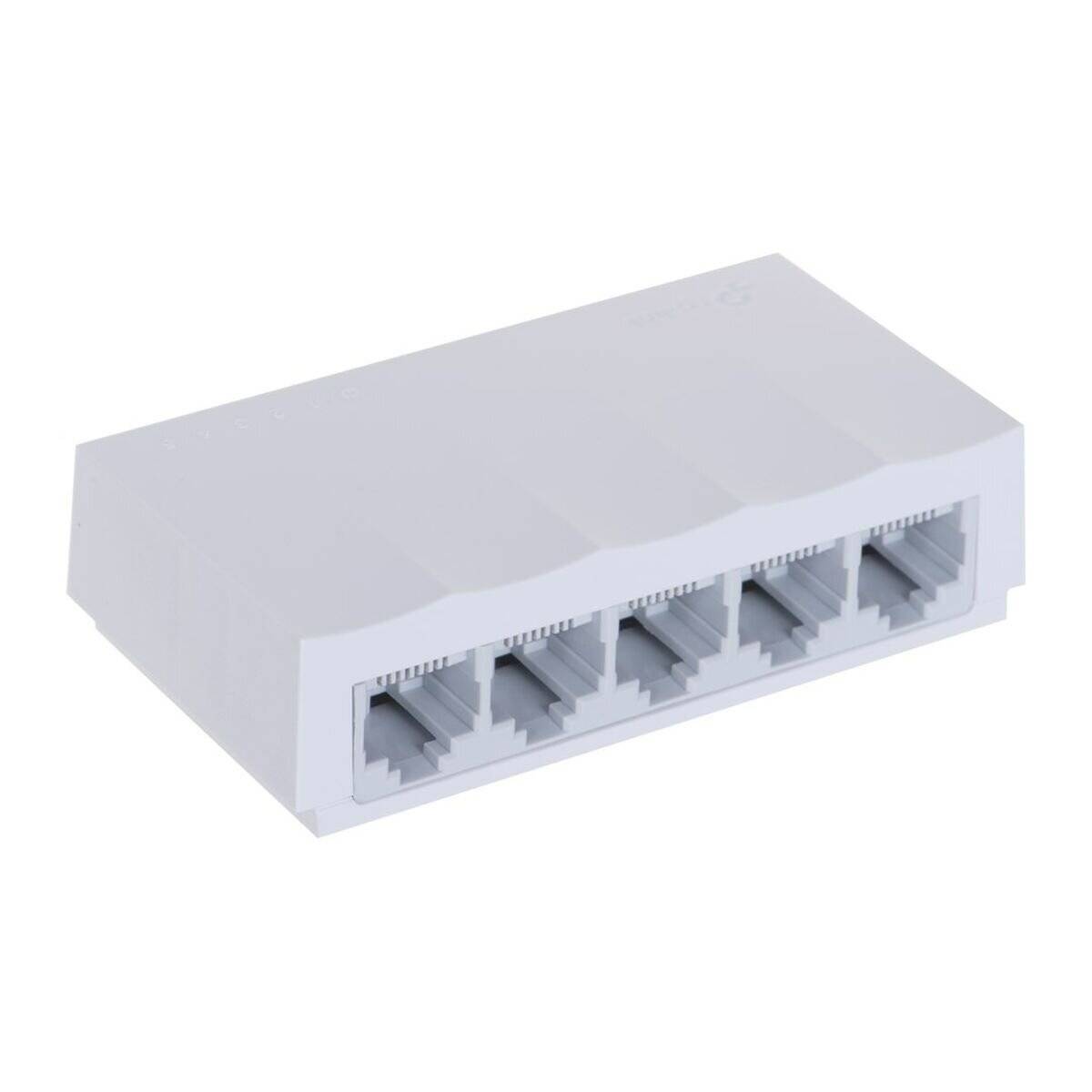 Ein weißes Netzwerk-Patchpanel mit fünf LAN-Anschlüssen, das zum Anschließen und Organisieren von Ethernet-Kabeln in einem strukturierten Kabelsystem verwendet wird.