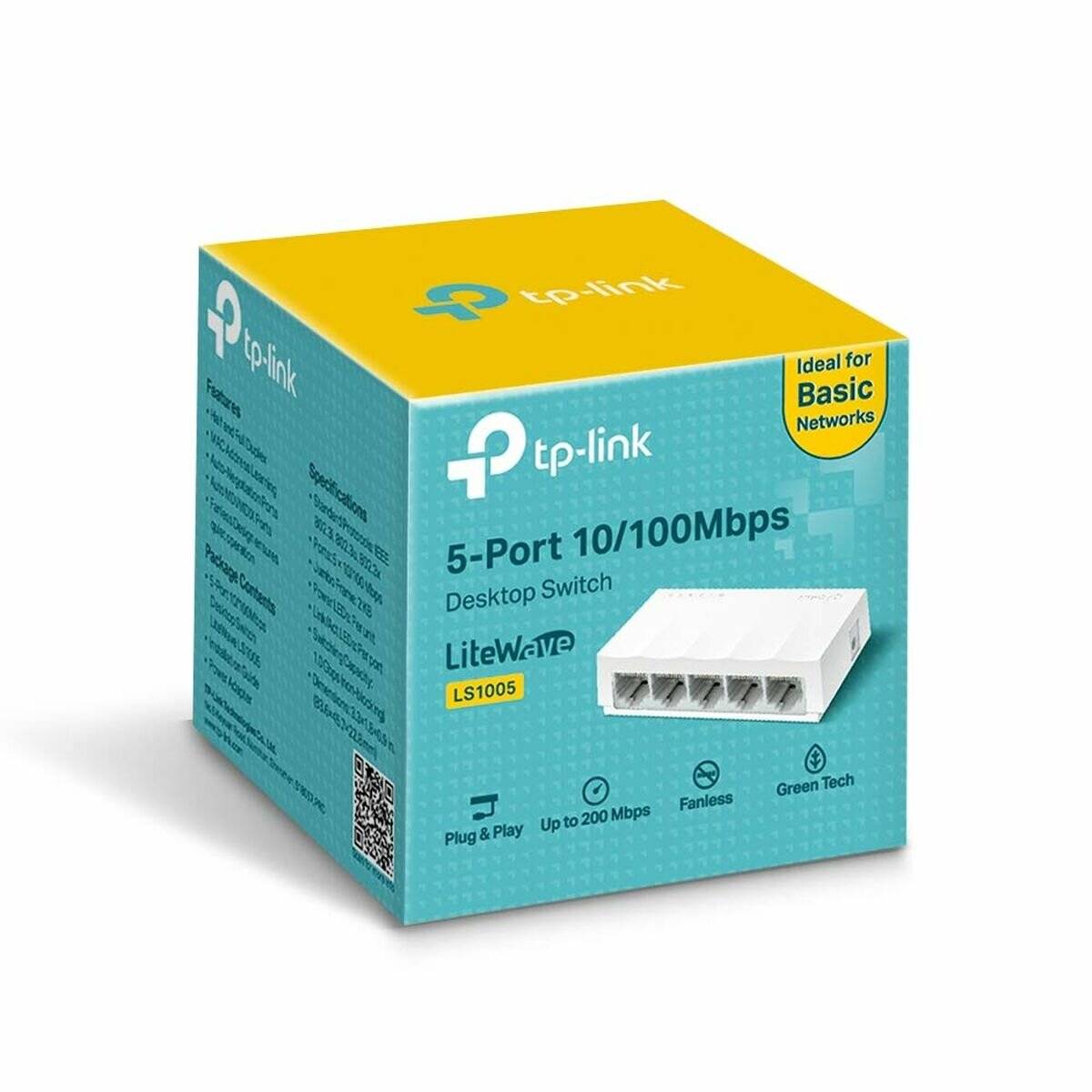 TP-Link 5-Port 10/100Mbps Desktop Switch, Modell LS1005, in Verpackung gezeigt. Zu den Merkmalen gehören Plug & Play, lüfterlos und Eco-Technologie.
