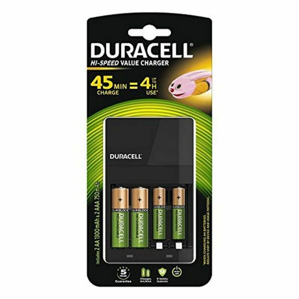 Duracell High-Speed Ladegerät im Wert-Set mit vier AA Akkus, lädt in 45 Minuten für 4 Stunden Nutzungsdauer.