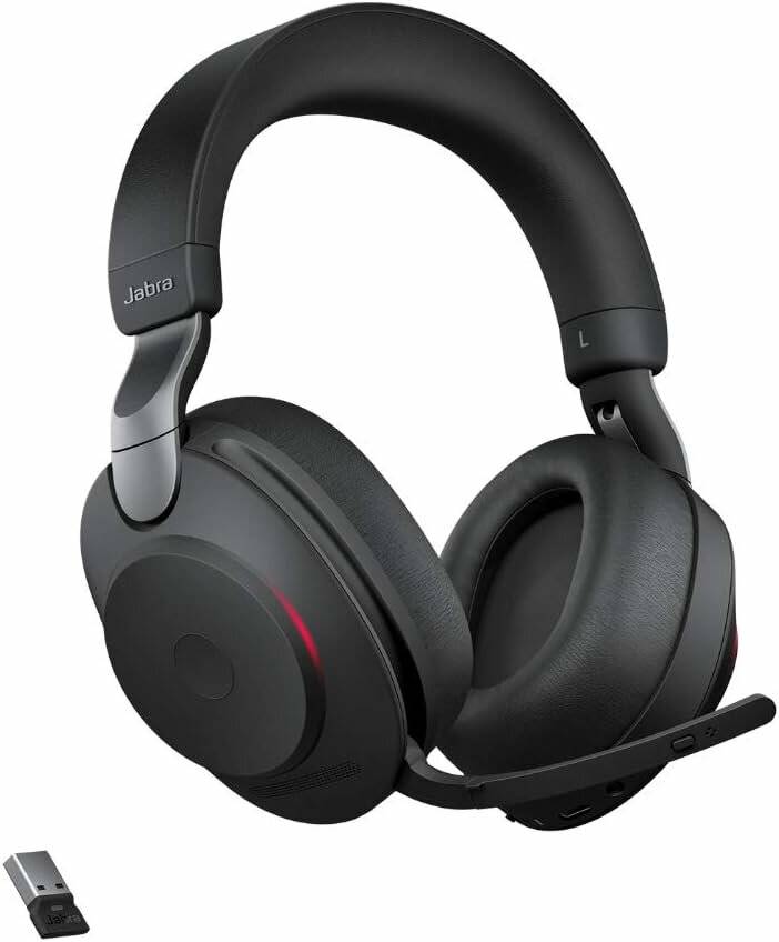 Schwarze Over-Ear Jabra Kopfhörer mit gepolsterten Ohrmuscheln und verstellbarem Kopfbügel, mit Bedienelementen auf der rechten Ohrmuschel.