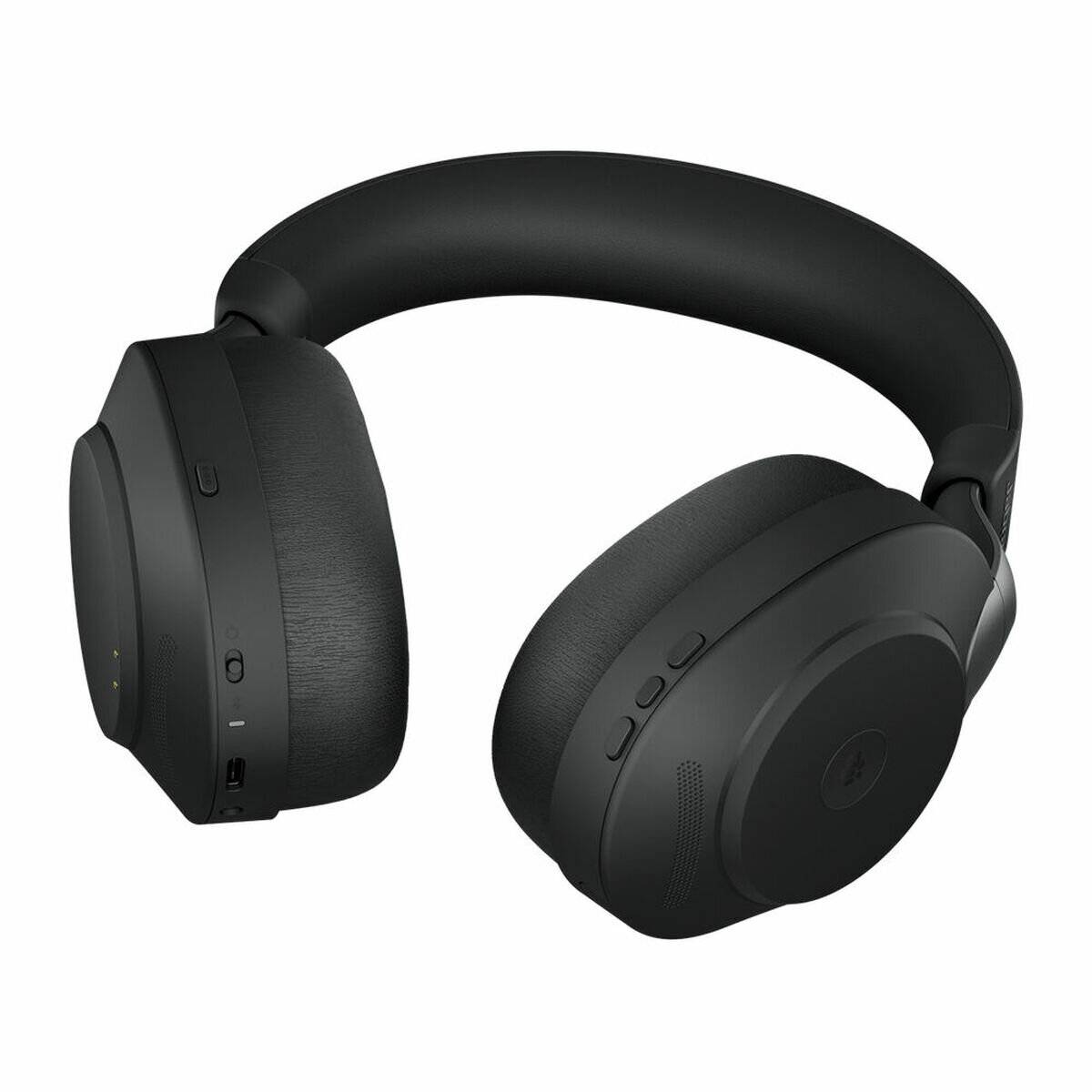 Schwarze Over-Ear-Kopfhörer mit gepolsterten Ohrmuscheln und verstellbarem Kopfbügel, mit Steuerungstasten und einem USB-Ladeanschluss an der Seite.