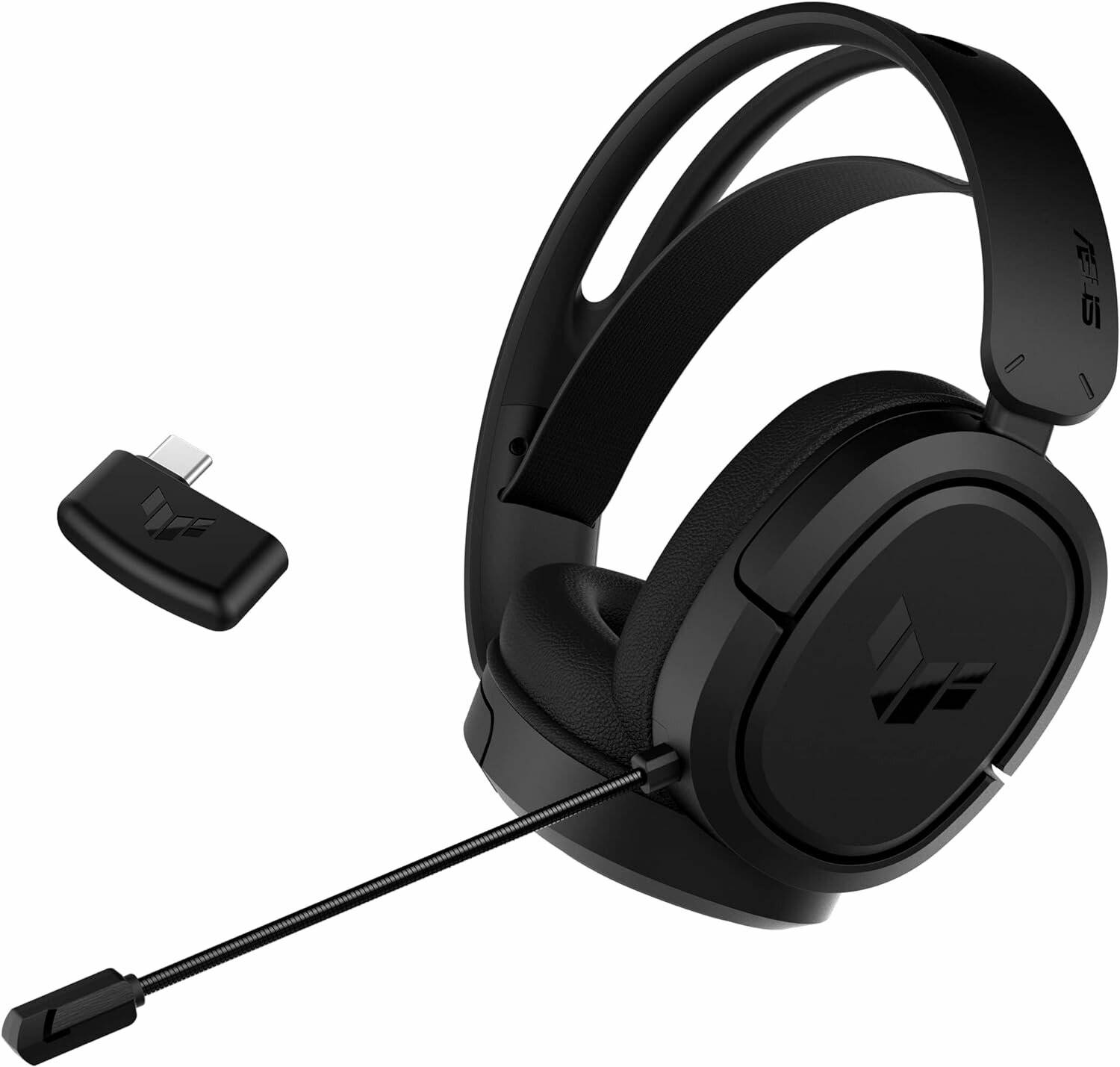 Gaming-Headset mit abnehmbarem Mikrofon und drahtlosem USB-Adapter, in elegantem Schwarz gehalten.