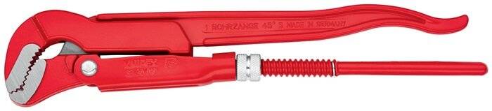 Eine rote Rohrzange mit einem metallischen Griffbereich, die einen Teil ihrer gezahnten Kiefer zeigt. Der Text 'Rohrzange 45' ist auf dem Metall sichtbar.