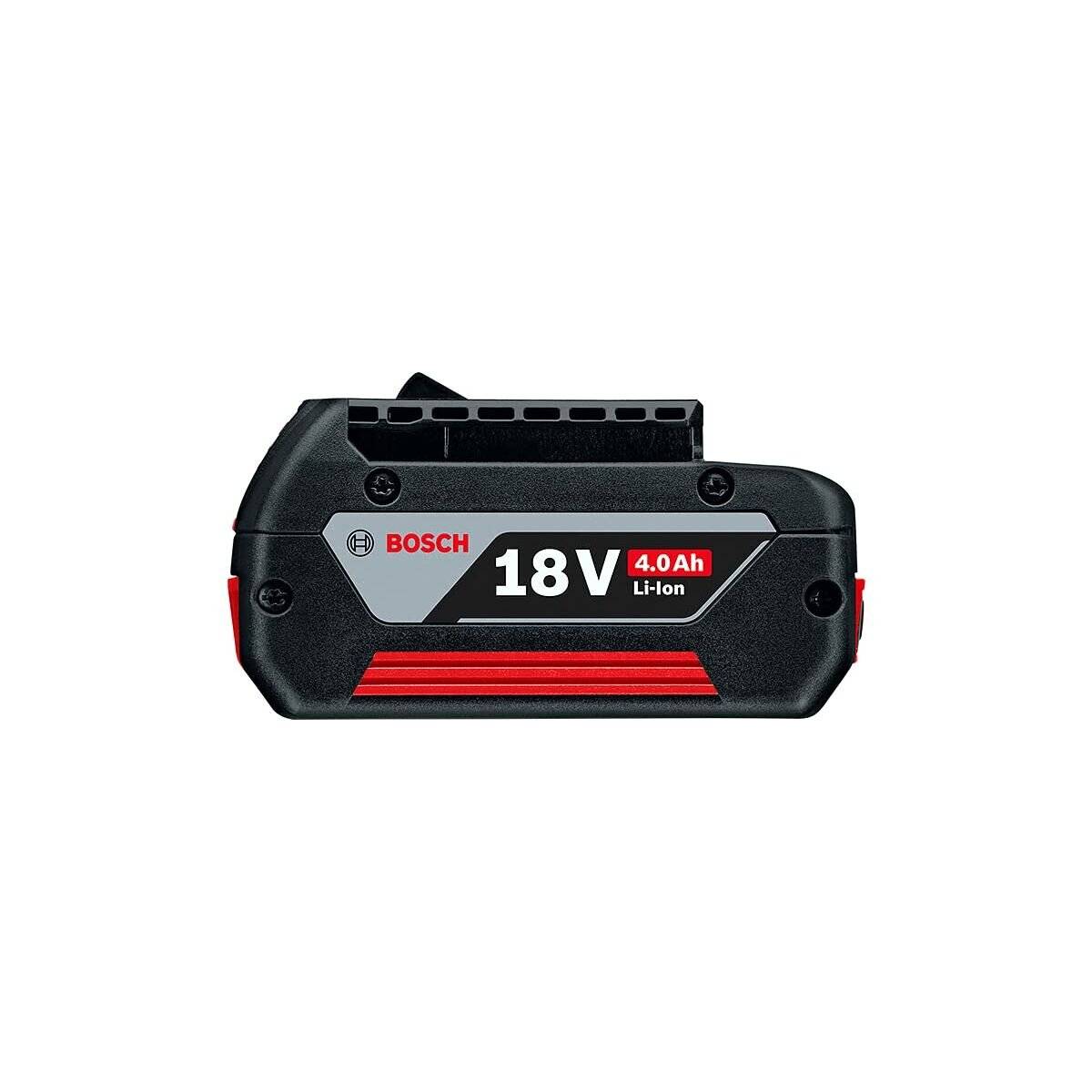 Bosch 18V 4.0Ah Li-Ion Akkupack, von der Seite gezeigt, mit Hervorhebung der Leistungs- und Kapazitätsbewertung.