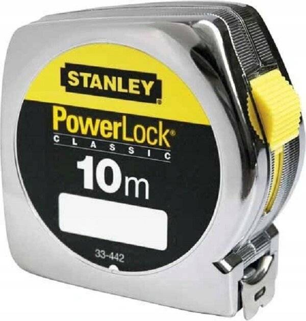 Stanley PowerLock Classic Maßband mit einer Länge von 10 Metern, ausgestattet mit einem Chromgehäuse und einem gelben Arretierungsmechanismus.