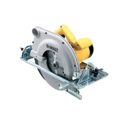 Eine DEWALT-Kreissäge mit gelbem Griff und Metallschutzvorrichtung für das Sägeblatt, gezeigt auf weißem Hintergrund.