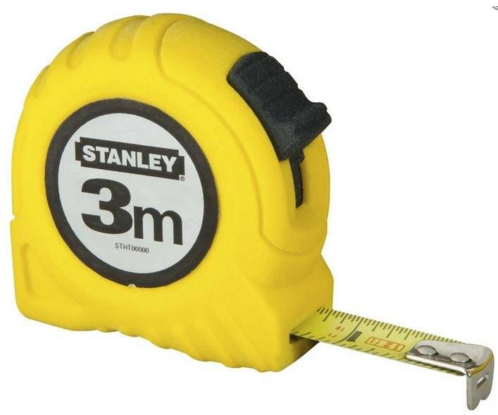 Ein gelbes Maßband mit einer Länge von 3 m, der Markenname 'STANLEY' ist sichtbar. Das Metallmaßband ist ausgefahren und zeigt metrische Einheiten.