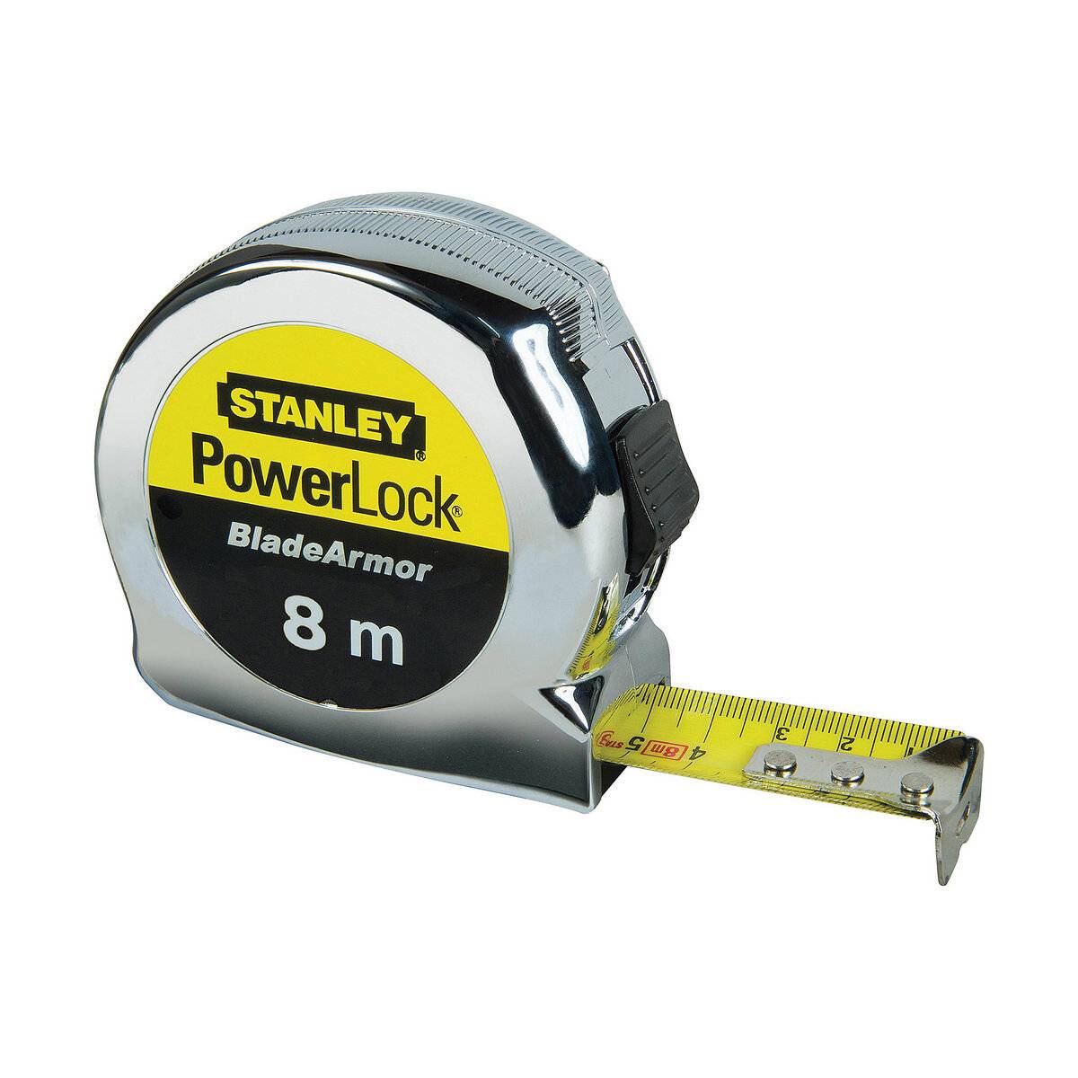 Ein Maßband mit der Aufschrift 'STANLEY PowerLock BladeArmor 8 m' auf seinem Gehäuse, leicht ausgefahren, um sein gelbes, markiertes Bandmaß zu zeigen.