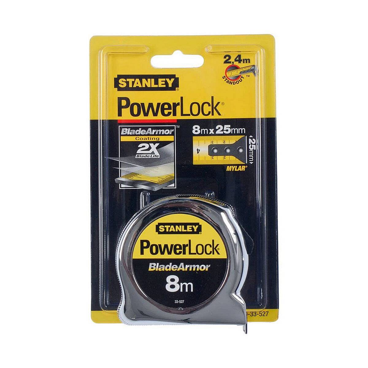Ein verpacktes Stanley PowerLock 8m/25mm Maßband mit BladeArmor-Beschichtung, das Haltbarkeit bietet, in Schwarz und Gelb hervorgehoben.