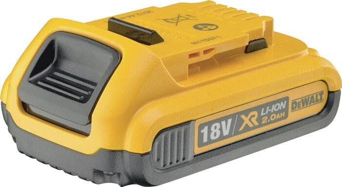 Eine gelbe 18V wiederaufladbare Batterie für Elektrowerkzeuge, die Seitendetails und die Markierung 'XR' zeigt.