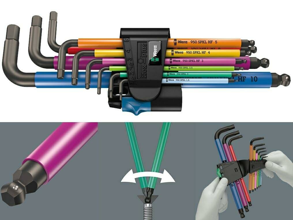 Ein Satz bunter Sechskantschlüssel in einem Halter, mit einer Nahaufnahme des Entriegungsmechanismus und einer behandschuhten Hand, die mit dem Werkzeug interagiert.