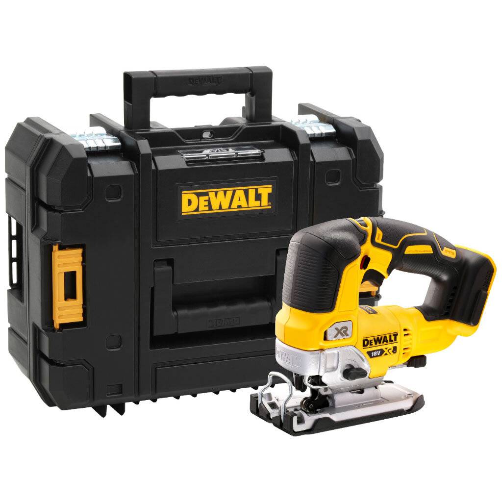Eine gelbe und schwarze DEWALT-Stichsäge liegt neben ihrer schwarzen Transporttasche, auf der das DEWALT-Logo auf der Vorderseite prangt. Die Stichsäge verfügt über ein ergonomisches Design.