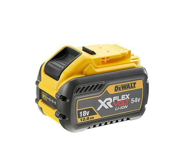 Dewalt XR FlexVolt Akku, 18V/54V, 12,0 Ah, geeignet für verschiedene Elektrowerkzeuge, gelb-schwarzes Gehäuse.