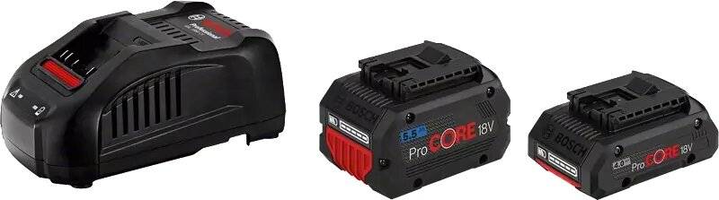 Drei Bosch ProCORE18V-Akkupacks in verschiedenen Größen, wobei der größte auf der linken Seite und zwei kleinere Versionen auf der rechten Seite gezeigt werden.