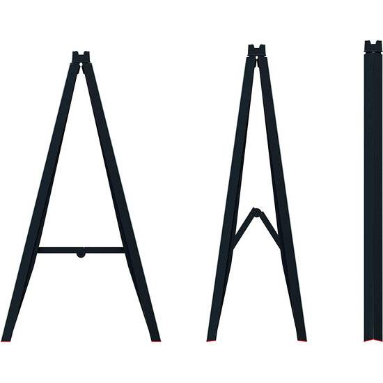 Ständer mit 'A' Form, von vorne, von der Seite und in zusammengeklappter Position gesehen, wobei das zusammenklappbare Metallrahmendesign und dessen Funktionalität dargestellt werden.